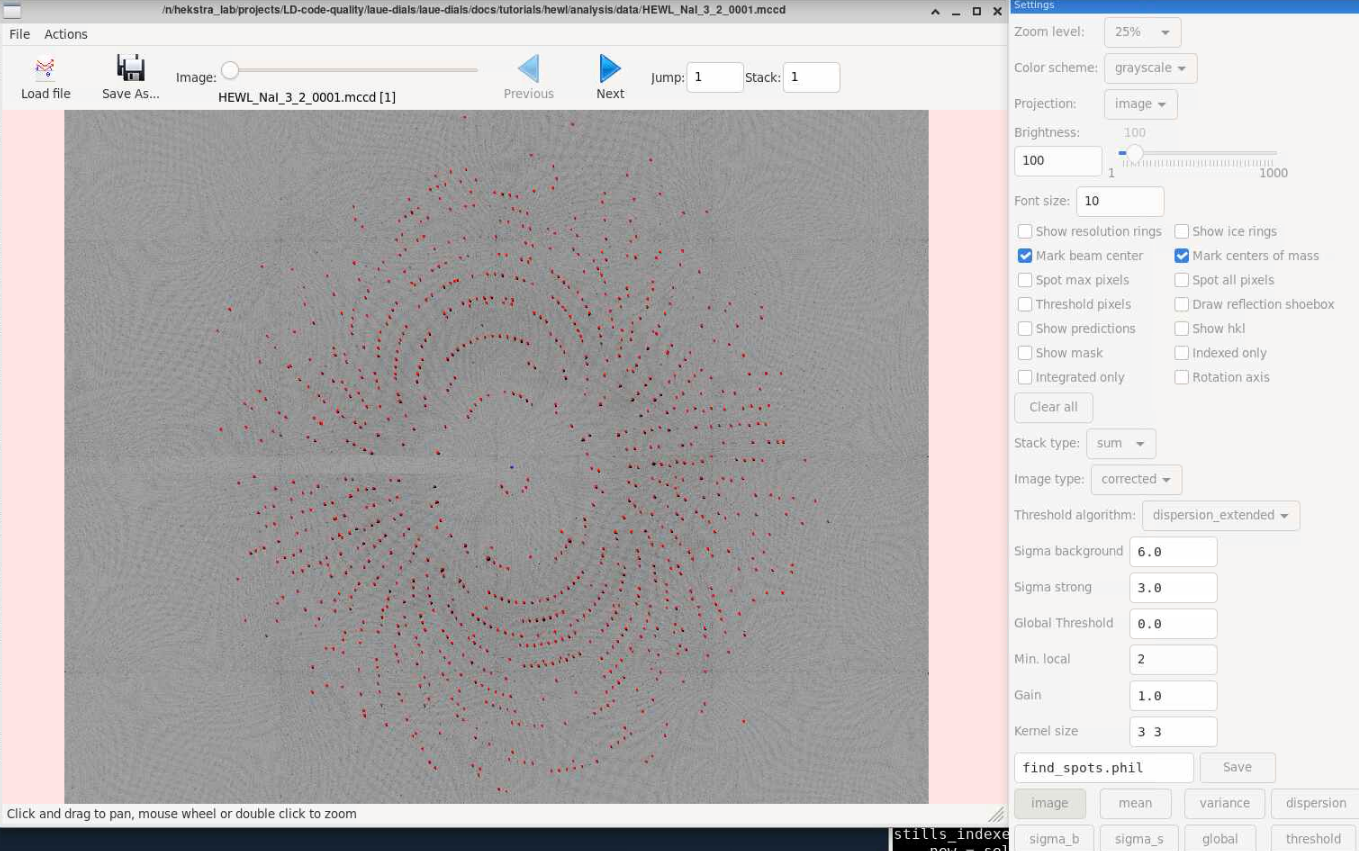 First image of HEWL dataset with spotfinding results.