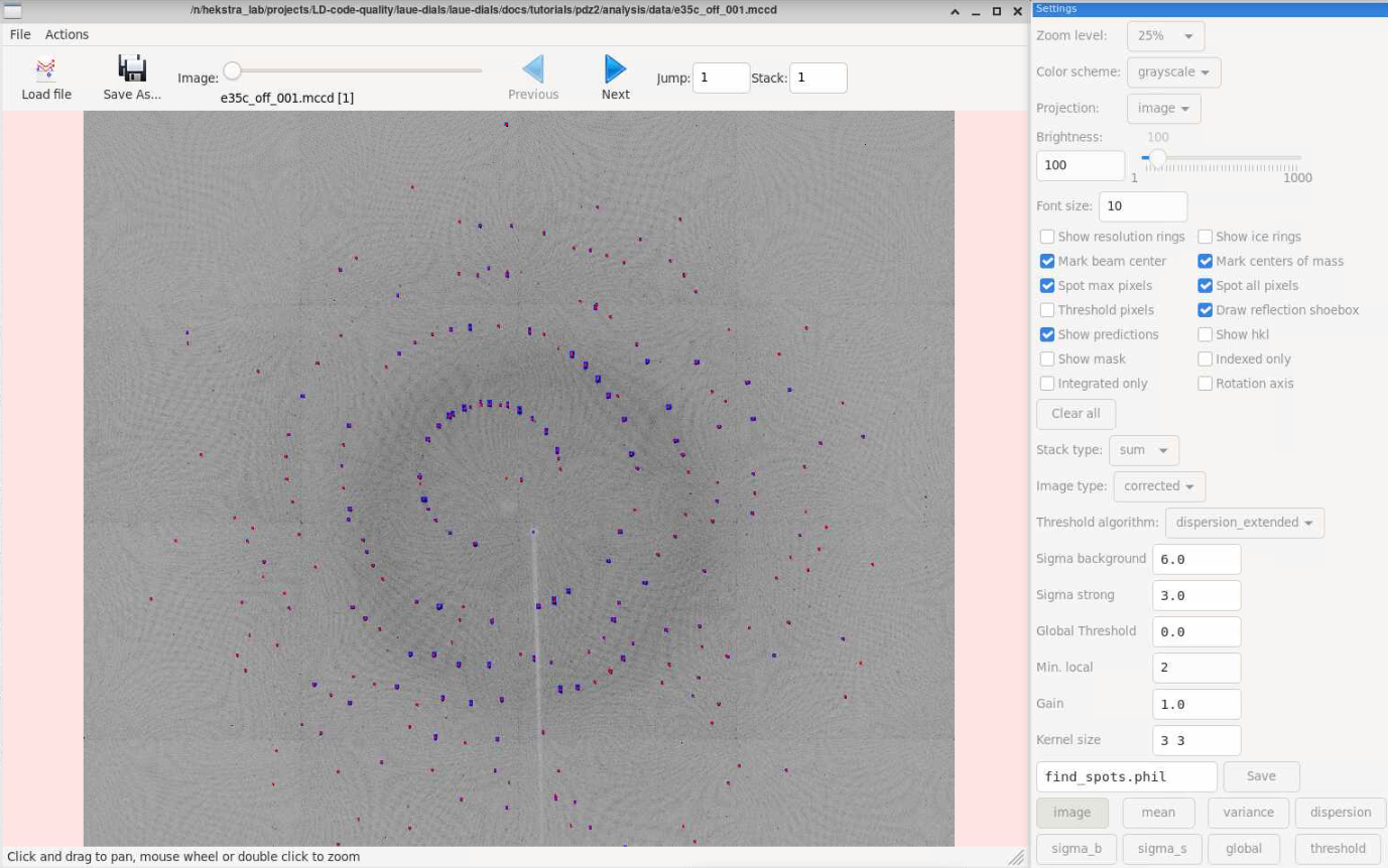 First image of PDZ2 dataset with spotfinding results.
